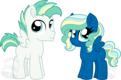 Size: 900x593 | Tagged: safe, artist:tambelon, oc, oc only, oc:north wind, oc:warm breeze, pegasus, pony, colt, female, filly, male, offspring, parent:sky stinger, parent:vapor trail, parents:vaporsky, siblings, watermark