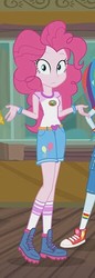 Size: 170x494 | Tagged: safe, screencap, pinkie pie, rainbow dash, equestria girls, g4, my little pony equestria girls: legend of everfree, balloon, boots, bracelet, camp everfree outfits, clothes, converse, heart, jewelry, offscreen character, raised leg, shoes, shorts, shrug, sneakers, socks