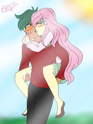 Size: 768x1024 | Tagged: safe, artist:brickercupmasterx3, fluttershy, timber spruce, equestria girls, g4, my little pony equestria girls: legend of everfree, blushing, clothes, embrace, female, flower, flower in hair, hug, male, piggyback ride, shipping, straight, sweater, sweatershy, timbershy