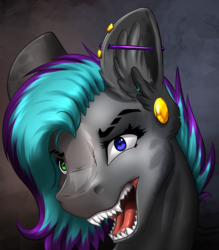 Size: 3640x4162 | Tagged: safe, artist:fizzwings, artist:mykegreywolf, oc, oc only, bat pony, pony, bust, collaboration, collar, ear fluff, ear piercing, fangs, female, heterochromia, high res, looking at you, mare, open mouth, piercing, portrait, sharp teeth, solo, teeth