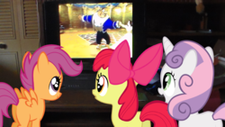 Size: 1696x954 | Tagged: safe, apple bloom, scootaloo, sweetie belle, g4, beauty and the beast, cutie mark crusaders, meme, television