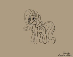 Size: 1024x804 | Tagged: safe, artist:cloudsdaleart, fluttershy, g4, chest fluff, female, monochrome, sketch, smiling, solo