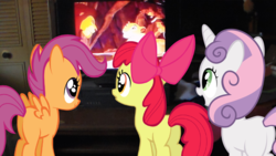 Size: 1696x954 | Tagged: safe, edit, edited screencap, screencap, apple bloom, scootaloo, sweetie belle, g4, cutie mark crusaders, it's calle, meme, television, the lion king