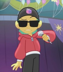 Size: 418x480 | Tagged: safe, screencap, snails, equestria girls, g4, my little pony equestria girls: rainbow rocks, clothes, dj snazzy snails, glasses, jacket, male, microphone, pants, solo