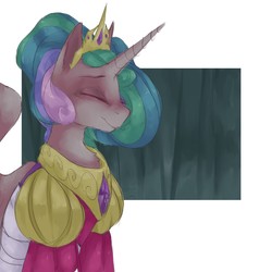 Size: 1280x1280 | Tagged: safe, artist:tey777, princess celestia, alicorn, pony, g4, bust, clothes, dress, eyes closed, female, jewelry, mare, portrait, regalia, smiling, solo