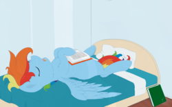 Size: 3200x2000 | Tagged: safe, artist:taxar, rainbow dash, pegasus, pony, g4, bed, book, female, high res, mare, on back, sleeping, solo