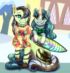 Size: 710x732 | Tagged: safe, artist:miamaha, oc, oc only, oc:dream flow, oc:iridescent bell, original species, pony, unicorn, clothes, female, glowing horn, horn, mare, scarf