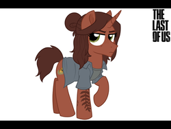Size: 800x600 | Tagged: safe, artist:tambelon, pony, unicorn, clothes, crossover, ellie, female, mare, ponified, shirt, solo, tattoo, the last of us
