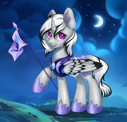 Size: 1123x1080 | Tagged: safe, artist:salicsa, oc, oc only, alicorn, pony, armor, crescent moon, flag, male, moon, new lunar republic, night, night guard, raised hoof, solo, stallion, stars