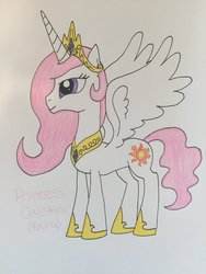 Size: 1024x1365 | Tagged: safe, artist:infernapelover, princess celestia, alicorn, pony, g4, crown, female, jewelry, mare, peytral, pink-mane celestia, regalia, simple background, solo, spread wings, traditional art, white background, wings, younger