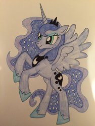 Size: 1024x1365 | Tagged: safe, artist:infernapelover, princess luna, pony, g4, bipedal, crown, female, jewelry, peytral, photo, rearing, regalia, simple background, solo, traditional art