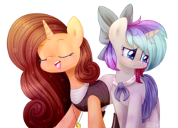 Size: 1097x791 | Tagged: safe, artist:pony-ellie-stuart, oc, oc only, pony, unicorn, clothes, duo, eyes closed, female, mare, open mouth, simple background, transparent background