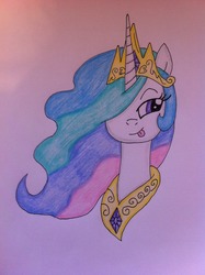 Size: 1024x1371 | Tagged: safe, artist:infernapelover, princess celestia, alicorn, pony, g4, bust, crown, cute, female, jewelry, mare, peytral, portrait, regalia, sillestia, silly, simple background, solo, tongue out, traditional art, white background