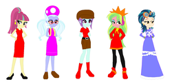 Size: 1412x692 | Tagged: safe, artist:eli-j-brony, artist:selenaede, indigo zap, lemon zest, sour sweet, sugarcoat, sunny flare, equestria girls, g4, ashley, crossover, donkey kong (series), mona, nintendo, pauline, princess shokora, shadow five, super mario bros., toadette, warioware