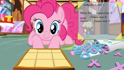 Size: 1198x676 | Tagged: safe, artist:drud14, pinkie pie, earth pony, pony, pink tac toe, g4, female, flash game, game, looking at you, semi-grimdark source, show accurate, solo, sugarcube corner, this will not end well, tic tac toe