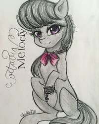 Size: 2104x2629 | Tagged: safe, artist:fanaticpanda, octavia melody, earth pony, pony, g4, bowtie, choker, female, high res, looking at you, mare, signature, simple background, sitting, smiling, solo, traditional art, white background, wristband