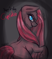 Size: 700x800 | Tagged: safe, artist:fanaticpanda, pinkie pie, earth pony, pony, g4, creepy, creepy smile, dialogue, female, floppy ears, glowing eyes, looking at you, looking back, looking back at you, mare, pinkamena diane pie, signature, simple background, solo