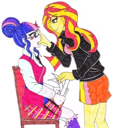 Size: 706x798 | Tagged: safe, artist:moka-sin, sci-twi, sunset shimmer, twilight sparkle, equestria girls, g4, blushing, female, lesbian, ship:sci-twishimmer, ship:sunsetsparkle, shipping, simple background, touching face, traditional art