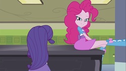 Size: 1100x618 | Tagged: safe, screencap, pinkie pie, rarity, equestria girls, g4, my little pony equestria girls: rainbow rocks, player piano, bedroom eyes, boots, canterlot high, clothes, cute, high heel boots, legs, lockers, musical instrument, out of context, piano, pinkie being pinkie, pinkie on a piano, raised leg, skirt