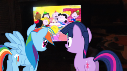 Size: 1696x954 | Tagged: safe, rainbow dash, twilight sparkle, g4, charlie brown, irl, peanuts, photo, ponies in real life, television