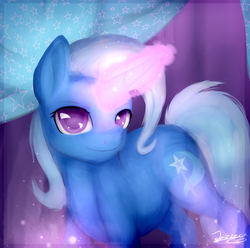 Size: 1024x1014 | Tagged: safe, artist:jazzerix, trixie, pony, unicorn, g4, colored pupils, female, glowing horn, horn, looking at you, magic, mare, signature, smiling, solo