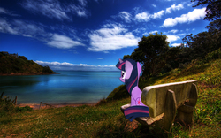 Size: 1920x1200 | Tagged: safe, artist:kysss90, artist:pablomen13, twilight sparkle, pony, unicorn, g4, bench, female, irl, lake, mare, photo, ponies in real life, sitting, solo, vector