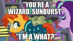 Size: 960x540 | Tagged: safe, starlight glimmer, sunburst, pony, unicorn, g4, bookshelf, cute, female, glimmerbetes, harry potter (series), male, mare, scroll, stallion, you're a wizard