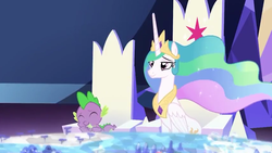 Size: 854x480 | Tagged: safe, screencap, princess celestia, spike, alicorn, dragon, pony, celestial advice, g4, chair, crown, cutie map, eyes closed, flowing mane, friendship throne, horn, jewelry, laughing, regalia, smiling, wings