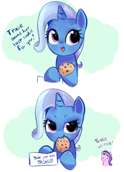 Size: 504x700 | Tagged: safe, artist:millioncookies, starlight glimmer, trixie, pony, unicorn, g4, bait and switch, comic, cookie, cute, diatrixes, female, food, inconvenient trixie, mare, pure unfiltered evil, solo focus