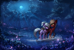 Size: 3259x2188 | Tagged: safe, artist:ramiras, cloudchaser, oc, oc:neostrike, pegasus, pony, g4, canon x oc, commission, duo, female, flower, forest, full moon, high res, looking at each other, male, mare, moon, moonlight, neochaser, night, scenery, scenery porn, shipping, smiling, stallion, straight