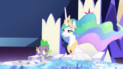 Size: 854x480 | Tagged: safe, screencap, princess celestia, spike, alicorn, dragon, pony, celestial advice, g4, amused, baby, baby dragon, beautiful, chair, crown, cutie map, female, flowing mane, friendship throne, grin, jewelry, lidded eyes, looking at each other, mare, regalia, smiling