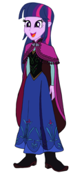 Size: 1648x3380 | Tagged: safe, artist:renthegodofhumor, twilight sparkle, equestria girls, g4, anna, anna (frozen), clothes, clothes swap, crossover, disney, dress, female, frozen (movie), open mouth, simple background, solo, transparent background