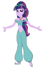 Size: 2692x4353 | Tagged: safe, artist:renthegodofhumor, twilight sparkle, equestria girls, g4, aladdin, alternate hairstyle, belly button, breasts, cleavage, clothes, clothes swap, crossover, disney, female, high res, jasmine, midriff, princess jasmine, simple background, solo, transparent background