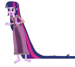 Size: 4459x3956 | Tagged: safe, artist:renthegodofhumor, twilight sparkle, equestria girls, g4, absurd resolution, barefoot, clothes swap, crossover, disney, feet, female, long hair, open mouth, rapunzel, simple background, solo, tangled (disney), transparent background