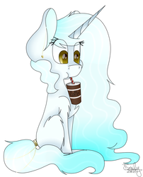 Size: 970x1200 | Tagged: safe, artist:kawurin, oc, oc only, oc:marshmallow, pony, unicorn, :t, chest fluff, coffee, cup, cute, drinking, ear piercing, earring, female, fluffy, jewelry, levitation, magic, mare, piercing, shoulder fluff, simple background, sitting, solo, straw, tail wrap, telekinesis, traditional art, white background