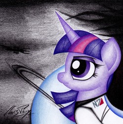 Size: 1689x1697 | Tagged: safe, artist:thechrispony, twilight sparkle, alicorn, pony, g4, crossover, female, mass effect, planet, solo, space, spacesuit, traditional art, twilight sparkle (alicorn), video game