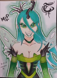Size: 960x1302 | Tagged: safe, artist:emichaca, queen chrysalis, human, g4, clothes, dress, female, grin, horn, horned humanization, humanized, smiling, solo, winged humanization, wings