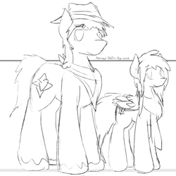 Size: 1135x1137 | Tagged: safe, artist:candel, oc, oc only, oc:candlelight, oc:wanderheart, pony, clothes, cowboy hat, hat, monochrome, neckerchief, scarf, size comparison, size difference, sketch, unshorn fetlocks