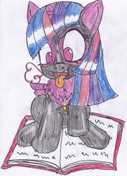 Size: 2169x2998 | Tagged: safe, artist:cuddlelamb, twilight sparkle, alicorn, pony, g4, adorkable, book, book fetish, chest fluff, cute, dork, female, fetish, gimp suit, high res, latex, latex suit, mask, open mouth, panting, sitting, solo, that pony sure does love books, tongue out, traditional art, twilight sparkle (alicorn), zipper