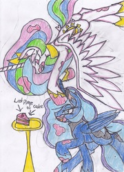 Size: 2425x3366 | Tagged: safe, artist:cuddlelamb, princess celestia, princess luna, alicorn, pony, g4, cake, duo, ear fluff, epic battle, fight, food, frosting, gritted teeth, high res, majestic as fuck, messy, plate, sibling rivalry, simple background, stain, traditional art, white background