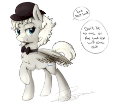 Size: 2292x1869 | Tagged: safe, artist:pucksterv, oc, oc only, oc:murder mystery, pegasus, pony, bowler hat, bowtie, commission, dialogue, female, hat, mare, raised hoof, sassy, signature, simple background, smiling, solo, speech bubble