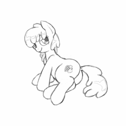 Size: 1440x1440 | Tagged: safe, artist:trickydick, berry punch, berryshine, earth pony, pony, g4, bedroom eyes, berry butt, butt, dock, female, looking back, monochrome, on side, plot, simple background, solo, traditional art, white background