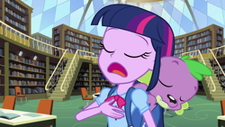 Size: 1920x1080 | Tagged: safe, screencap, spike, twilight sparkle, dog, equestria girls, g4, my little pony equestria girls, backpack, eyes closed, library, open mouth, spike the dog