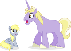 Size: 2020x1447 | Tagged: safe, artist:punzil504, derpy hooves, dinky hooves, pegasus, pony, unicorn, g4, blank flank, eye contact, female, horn, looking at each other, looking up, mare, open mouth, simple background, sitting, smiling, transparent background, unshorn fetlocks, vector, what has magic done, wide eyes