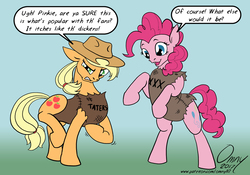 Size: 800x561 | Tagged: safe, artist:omny87, applejack, pinkie pie, earth pony, pony, g4, clothes, cowboy hat, dialogue, hat, open mouth, rearing, sack, signature, speech bubble, stetson