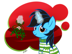 Size: 1400x1050 | Tagged: safe, artist:iheartjapan789, oc, oc only, oc:andrea, pony, unicorn, abstract background, clothes, female, glowing horn, horn, magic, mare, mistletoe, solo, sweater, telekinesis