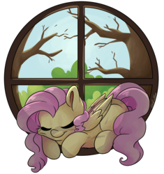 Size: 4169x4426 | Tagged: safe, artist:cutepencilcase, fluttershy, pony, g4, absurd resolution, cute, eyes closed, female, folded wings, leaf, prone, shyabetes, simple background, sleeping, smiling, solo, squishy cheeks, transparent background, tree, window