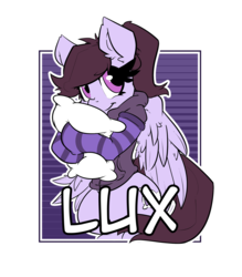 Size: 2100x2400 | Tagged: safe, artist:bbsartboutique, oc, oc only, oc:pillow case, pegasus, pony, badge, clothes, con badge, cute, high res, hoodie, pillow, snuggling, solo