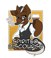 Size: 2100x2400 | Tagged: safe, artist:bbsartboutique, oc, oc only, oc:spirited discourse, pony, unicorn, badge, cigar, clothes, con badge, glasses, high res, jacket, skunk stripe, solo