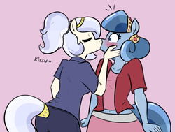 Size: 847x642 | Tagged: safe, artist:whatsapokemon, oc, oc only, oc:heart song, oc:opalescent pearl, crystal pony, anthro, blushing, clothes, female, kissing, lesbian, mare
